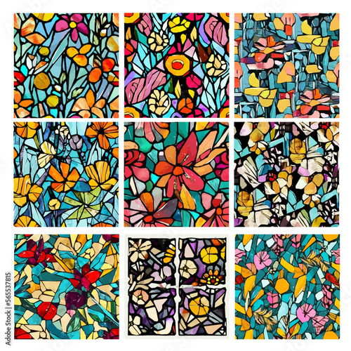 Set of stained glass patterns with flowers and leaves. Colorful vector backgrounds.