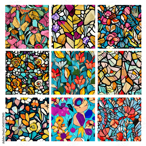 Set of stained glass patterns with flowers and leaves. Colorful vector backgrounds.