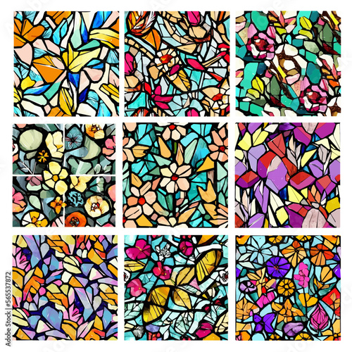 Set of stained glass patterns with flowers and leaves. Colorful vector backgrounds.