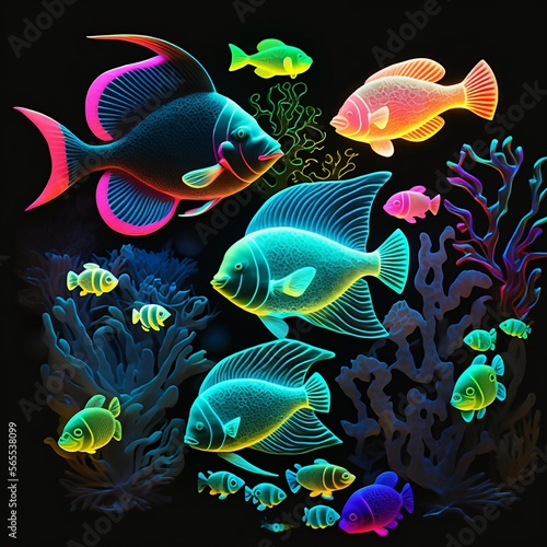 Glowing Neon Tropical Fish with Coral