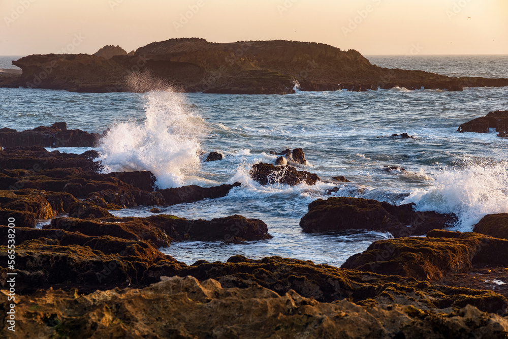 Obraz premium View of the volcanic shore of the Atlantic Ocean in the area of Essaouira in Morocco on a summer evening.