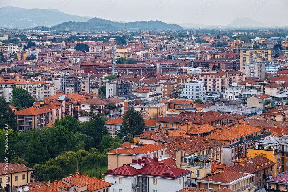 Aerial panoramic view of the residential buildings in Lower Bergamo (Citta Bassa). Italy.