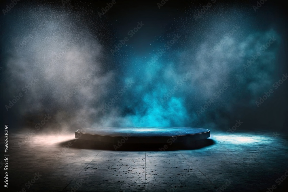 an empty dark stage shows a dark blue background neon light, and spotlights The asphalt floor and studio room with smoke float up the interior texture for display products