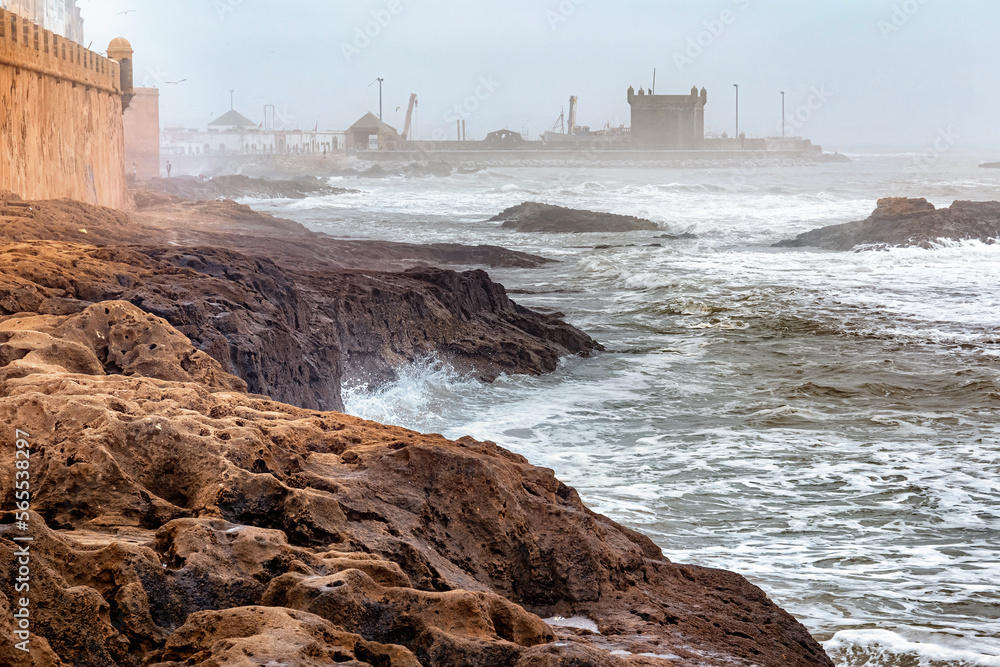 View of the stormy water of the Atlantic Ocean in the area of Essaouira in Morocco.