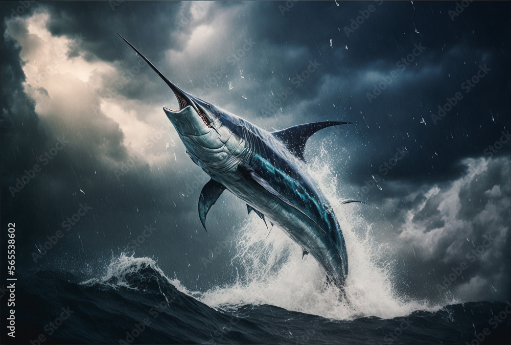 Giant swordfish jumping out of ocean water in a storm. Dark clouds and