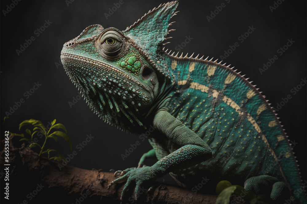 Fototapeta premium Green chameleon lizard. Generative AI
