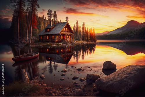 Peaceful log cabin on an idyllic lake during sunset or sunrise. Generative AI