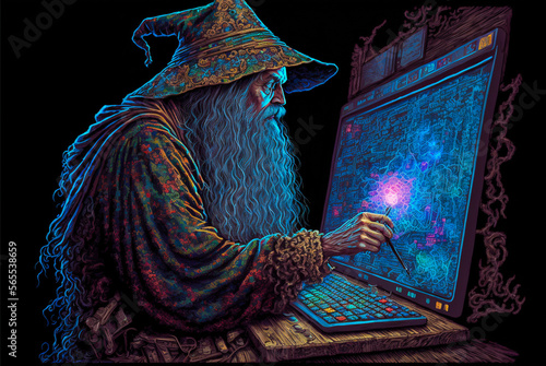 Computer wizard or hacker working on complex code. Generative AI