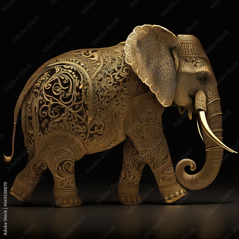 Obraz premium Gold Filigree Inlaid African Elephant (generative AI)