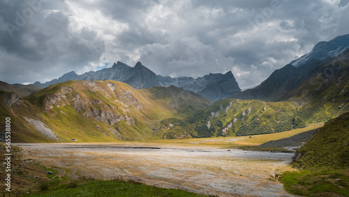 Glière lake on a cloudy day in Vanoise National Park, French Alp, Champagny en Vanoise