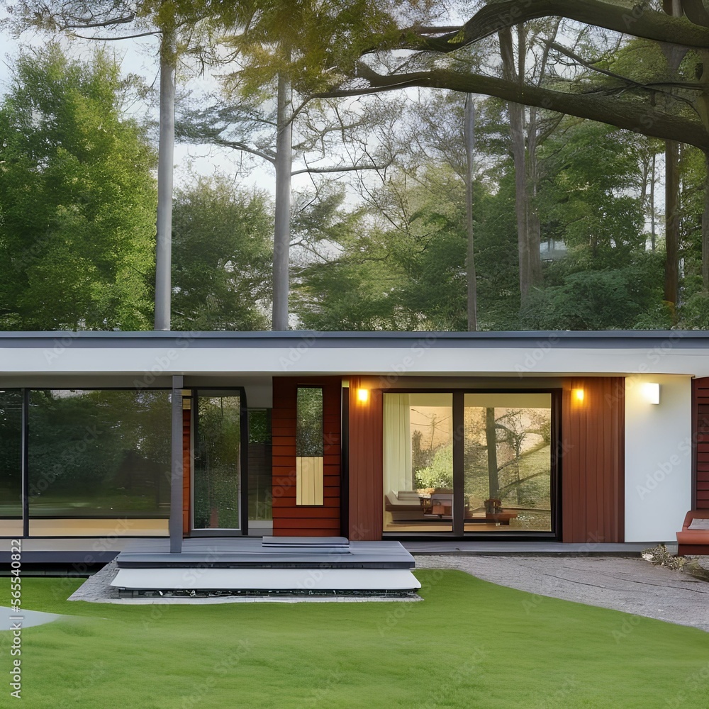 A mid-century modern house with a flat roof and large windows1 ...
