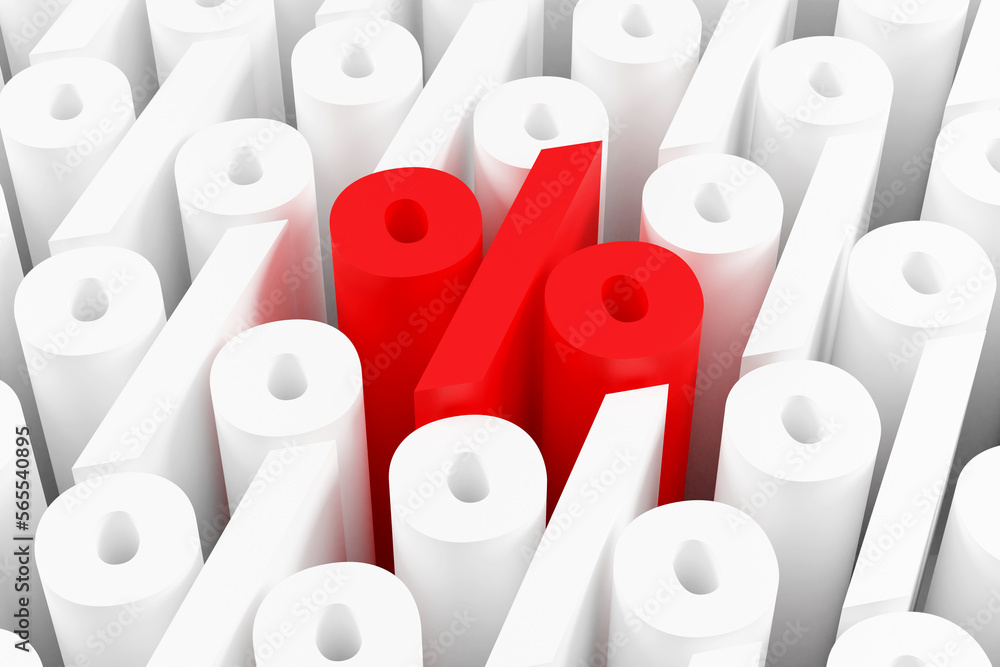Red inscription percent on grey podium, soft light, smooth background, 3d rendering Red inscription percent on grey podium, soft light, smooth background, 3d rendering