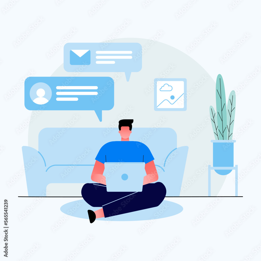 Work at home concept design. Freelance man working on laptop at her house, dressed in home clothes. Sending mail & communicatoion with someone. Online study education. Work at home concept design. Freelance man working on laptop at her house, dressed in home clothes. Sending mail & communicatoion with someone. Online study education.