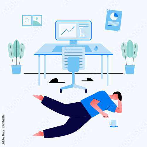 Remote employee working at home office. Relaxing & drinking coffee, leaned back in his desk, Lie down on the floor, Interior of modern furniture