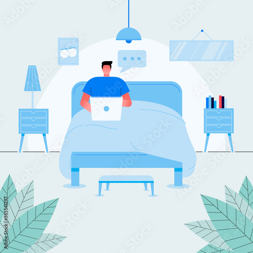 Relaxed freelancer guy sitting on bed with laptop front view vector flat illustration. Modern male working remotely from bedroom isolated on white. Cheerful man surfing internet or chatting at home