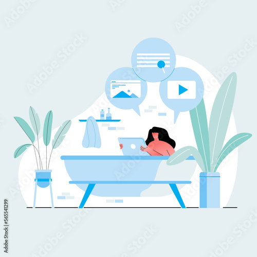 Relaxed  young girl sitting on bathtab with tablet front view vector flat illustration. Modern female enjoing video & Photo. Cheerful female surfing internet or chatting at home
