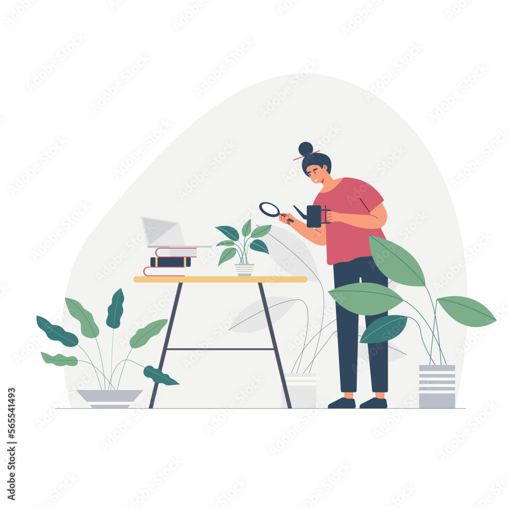 Busy housewife woman cartoon character looking at her plants inside the garden, flat vector illustration. Householding works and womens activity banner.