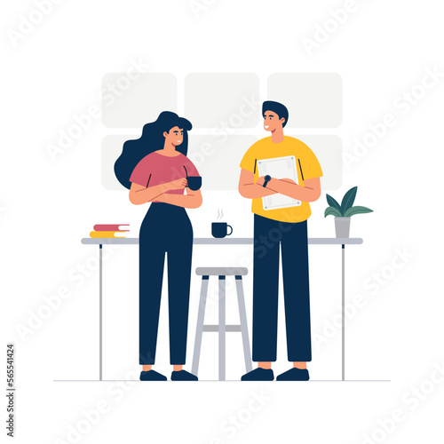 Business people doing office activity. Taking tea and discussing with each other. Vector illustration in cartoon style.