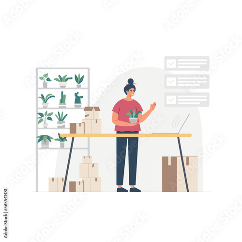 Busy housewife woman cartoon character walking inside house interior, flat vector illustration. Householding works and womens leisure activity banner.