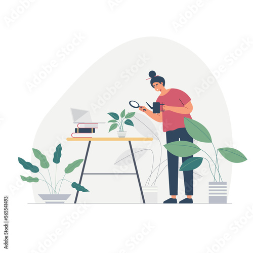 Busy housewife woman cartoon character looking at her plants inside the garden, flat vector illustration. Householding works and womens activity banner.