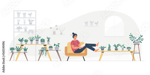 A man is spending his leisure time sitting in the garden of his house, flat vector illustration. Householding works and human activity banner.