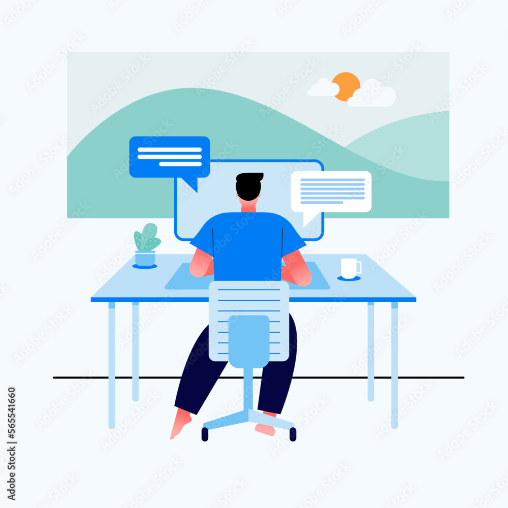 Work at home concept design. Freelance man working on laptop at her house, dressed in home clothes. Vector illustration isolated on white background. Online study, education. Work at home concept design. Freelance man working on laptop at her house, dressed in home clothes. Vector illustration isolated on white background. Online study, education.