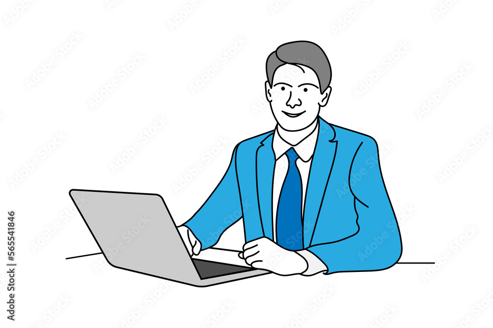 Illustration of a boy flat character laptop use blue color line art vector design white background Illustration of a boy flat character laptop use blue color line art vector design white background