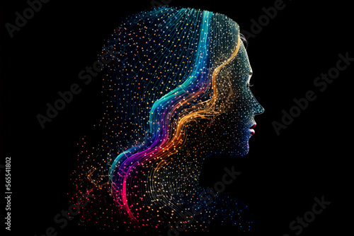 Colorful digital female portrait on black background. Big data technology in beauty concept. Computer science in beauty industry. Makeup and cosmetics technology. AI in beauty industry. Generative AI. photo