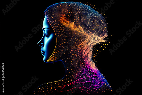 Colorful digital female portrait on black background. Big data technology in beauty concept. Computer science in beauty industry. Makeup and cosmetics technology. AI in beauty industry. Generative AI. photo