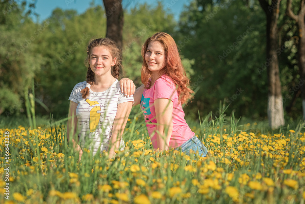 Portrait of young beautiful girlfriends in a summer park. Portrait of young beautiful girlfriends in a summer park.