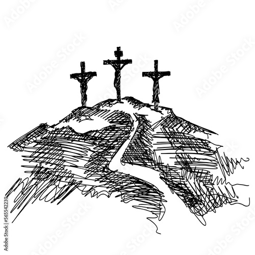 Hand-drawn vector illustration for Easter. Three crosses on top of Mount Calvary, near Jerusalem.