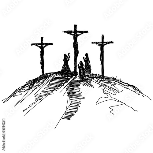 Hand-drawn vector illustration for Easter. Three crosses on top of Mount Calvary, near Jerusalem. People next to the cross of the crucified Jesus Christ.