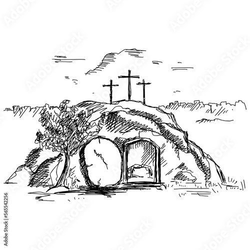 Hand-drawn vector illustration for Easter. The empty tomb after the resurrection of Jesus Christ.