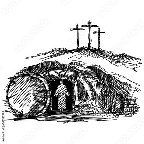 Hand-drawn vector illustration for Easter. The resurrected Jesus Christ came out of the empty tomb.