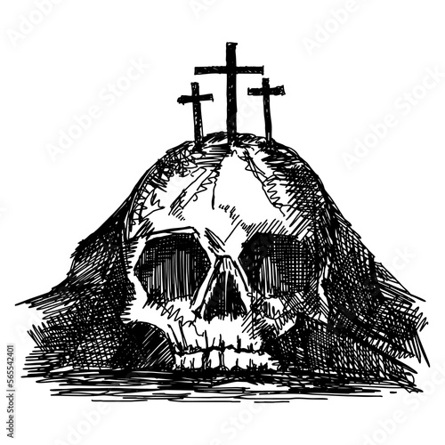 Hand-drawn vector illustration for Easter. Mount Calvary near Jerusalem, in the shape of a skull, three crosses on top.