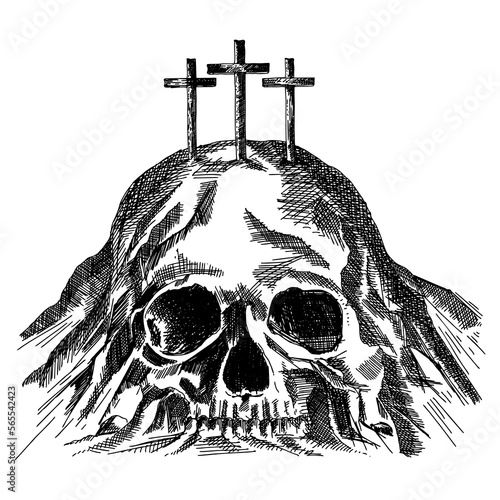 Hand-drawn vector illustration for Easter. Mount Calvary near Jerusalem, in the shape of a skull, three crosses on top.