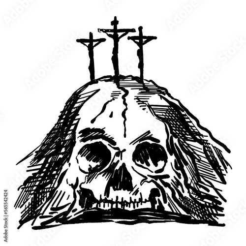 Hand-drawn vector illustration for Easter. Mount Calvary near Jerusalem, in the shape of a skull, three crosses on top.