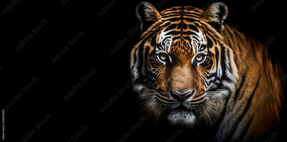 Fototapeta premium Menacing stare of tiger. Portrait of tiger on black background. Wild cats background. Generative AI tiger portrait on black background.
