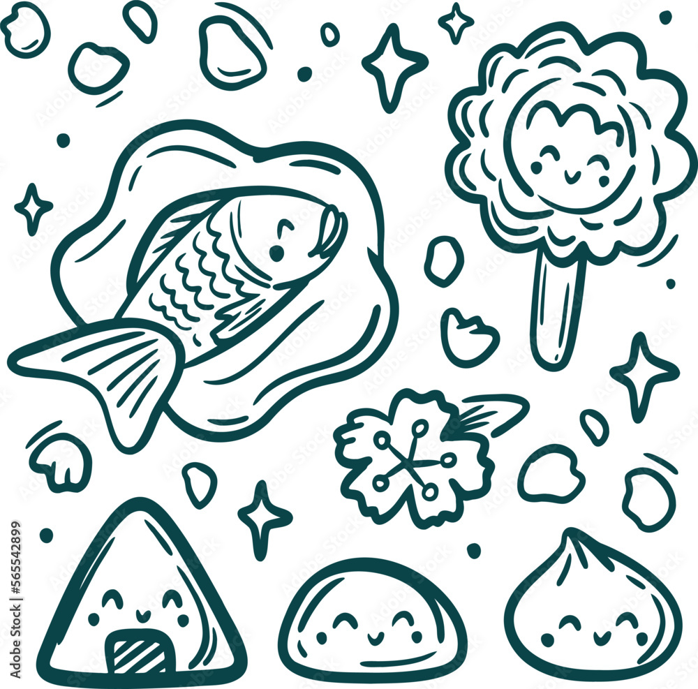 Fototapeta premium Asian food Collection clip art. Taiyaki, mochi and sushi set
