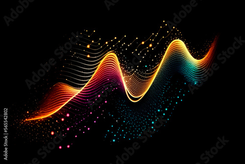 Colorful tech digital background. Multicolor wave glowing backdrop. Dots and waves pattern on the black background, Generative AI. Technology concept. Web conncetions concept. Computer data concept.