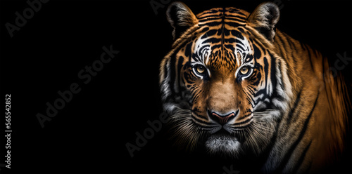 Menacing stare of tiger. Portrait of tiger on black background. Wild cats background. Generative AI tiger portrait on black background.