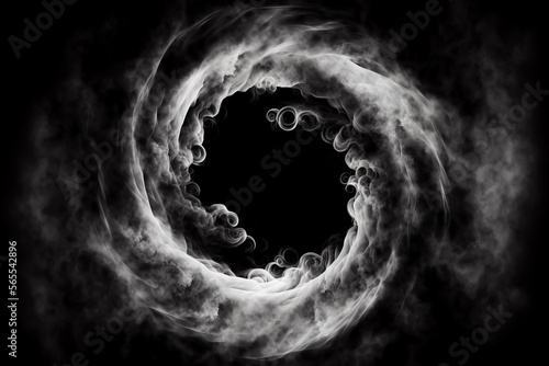 White smoke whirlpool with empty circle frame inside on black background, Generative AI. White smoke circle. Magic smoke or mist ring frame. Blank space frame in white smoke clouds. photo
