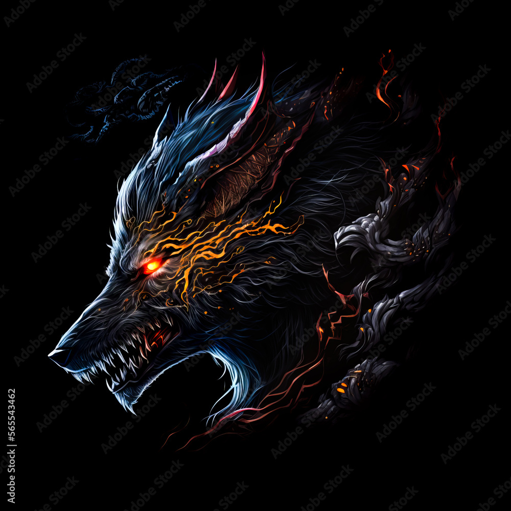 Mystical scandinavian beast wolf Fenrir in flame and darkness. Fenrir's beast head on black background. North Mythology background, Generative AI. - obrazy, fototapety, plakaty 