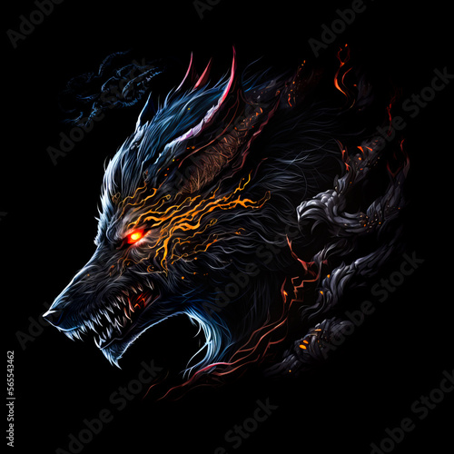 Mystical scandinavian beast wolf Fenrir in flame and darkness. Fenrir's beast head on black background. North Mythology background, Generative AI.