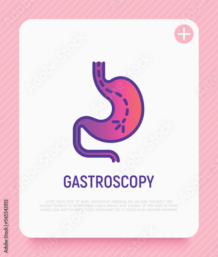Gastroscopy thin line icon: endoscope in stomach. Medical test. Modern vector illustration.