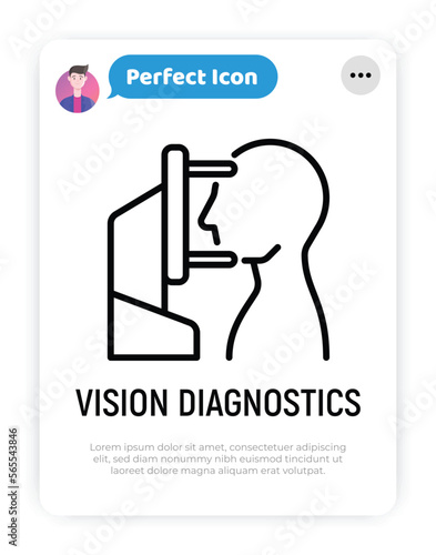 Vision diagnostics: human looking at ophthalmic refractometer. Thin line icon. Modern vector illustration for ophthalmology.