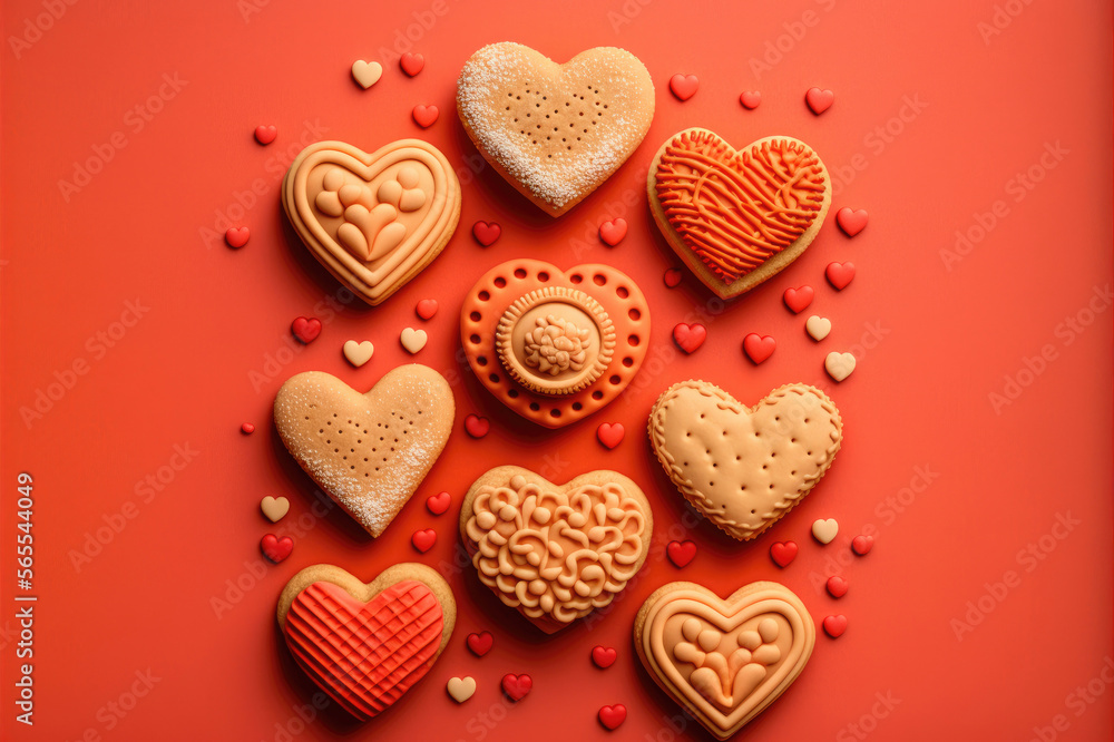 Heart shaped cookies on a red background. Generative AI. Heart shaped cookies on a red background. Generative AI.