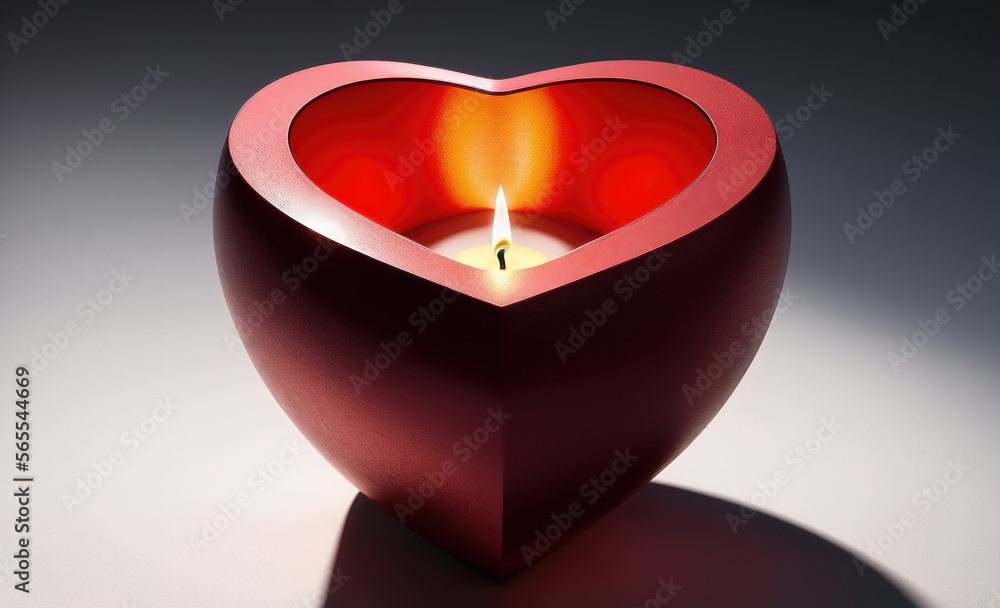 A heart-shaped candle, the soft glow casting a warm light on the surrounding area. A Valentine’s Day and Wedding Anniversary special romantic love background. Generative AI. A heart-shaped candle, the soft glow casting a warm light on the surrounding area. A Valentine’s Day and Wedding Anniversary special romantic love background. Generative AI.