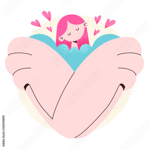 Hug yourself. Give yourself a hug. Illustration of young woman hugging herself.