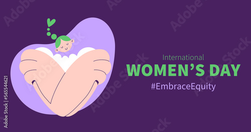 International Women's Day 2023. Campaign theme, #EmbraceEquity. Abstract young woman character hugging herself.